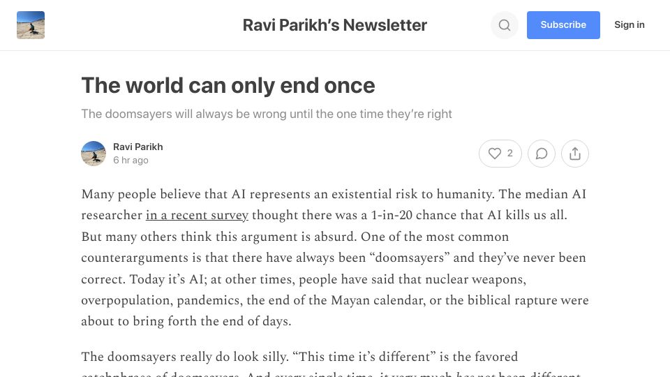 Screenshot of ravisparikh.substack.com: The world can only end once