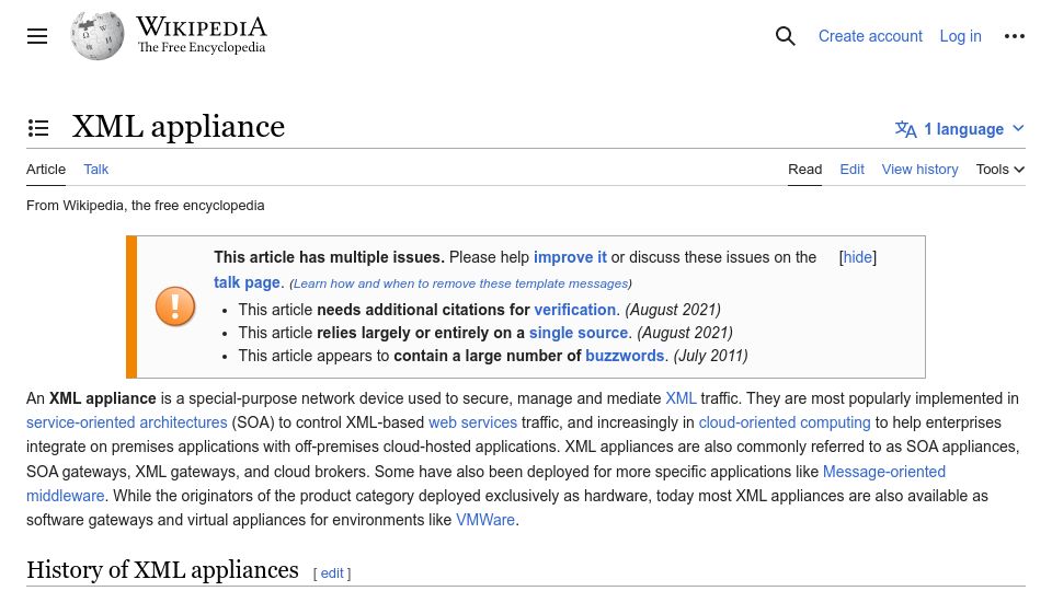 Screenshot of en.wikipedia.org: XML Appliance