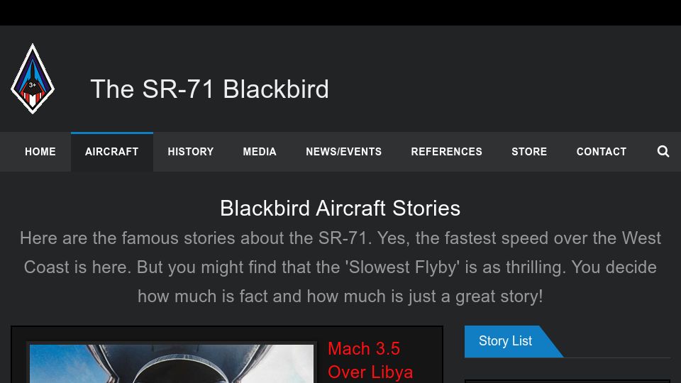 Screenshot of thesr71blackbird.com: Mach 3.5 Over Libya in an SR-71 Blackbird