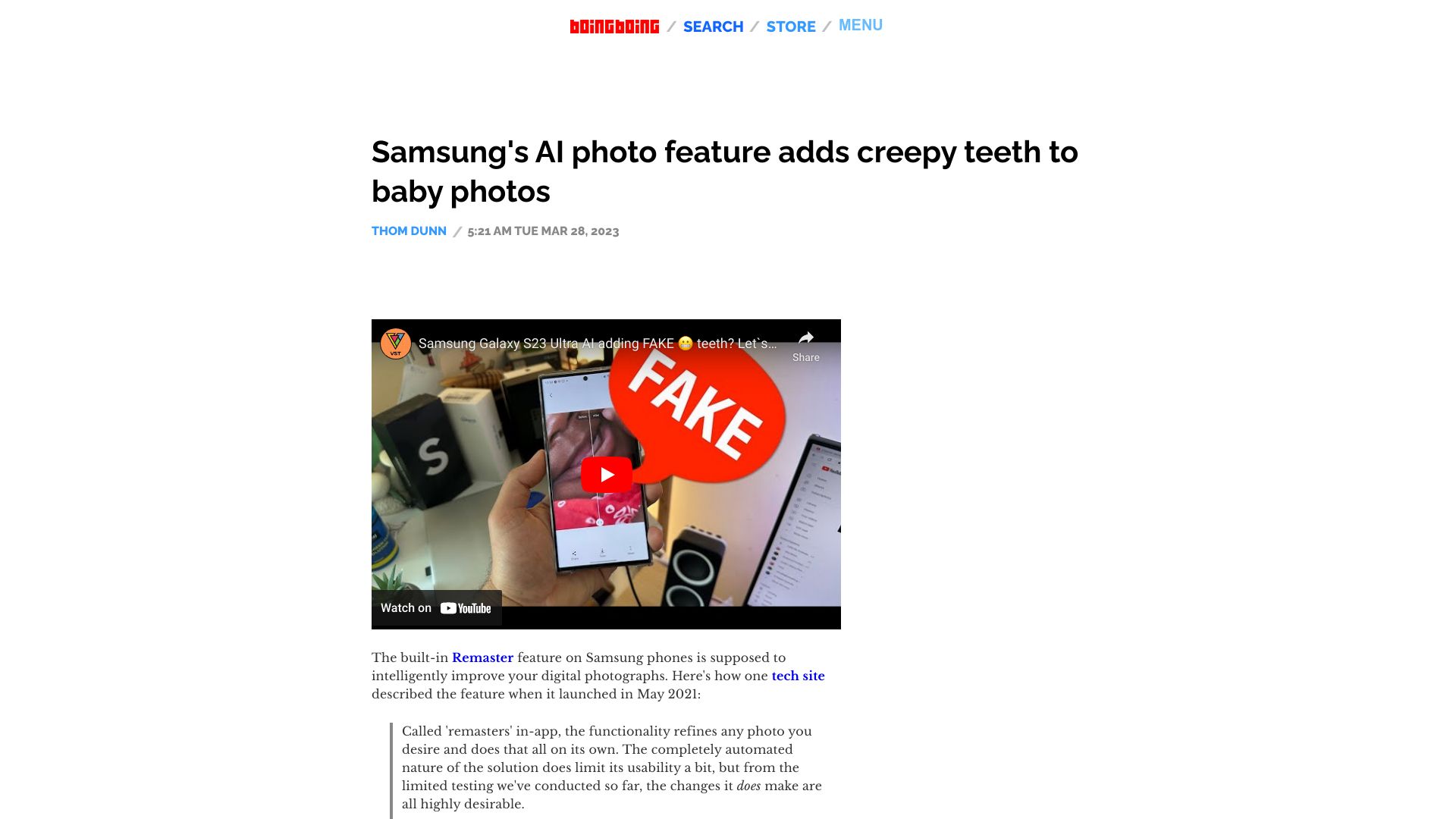 Screenshot of boingboing.net: Samsung's AI photo feature adds creepy teeth to baby photos