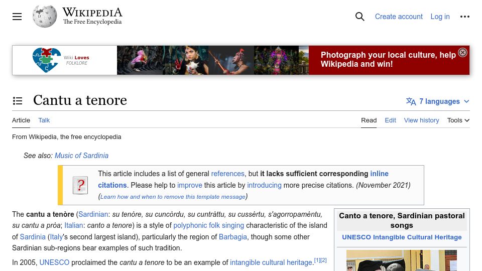 Screenshot of en.wikipedia.org: Cantu a tenore