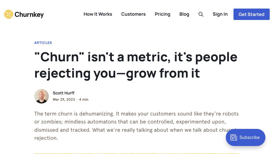 Screenshot of churnkey.co: “Churn” isn't a metric, it's people rejecting you–grow from it