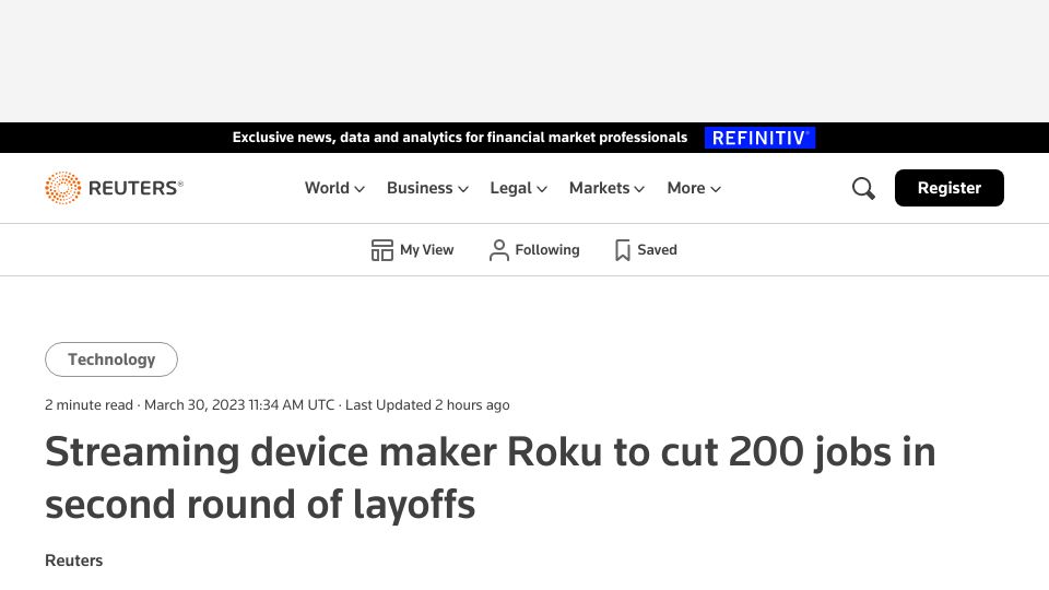 Screenshot of reuters.com: Roku to cut 200 jobs in second round of layoffs