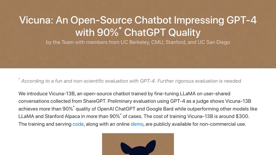 Screenshot of vicuna.lmsys.org: Vicuna: An open-source chatbot impressing GPT-4 with 90% ChatGPT quality