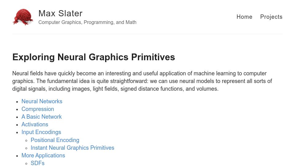 Screenshot of thenumb.at: Exploring Neural Graphics Primitives
