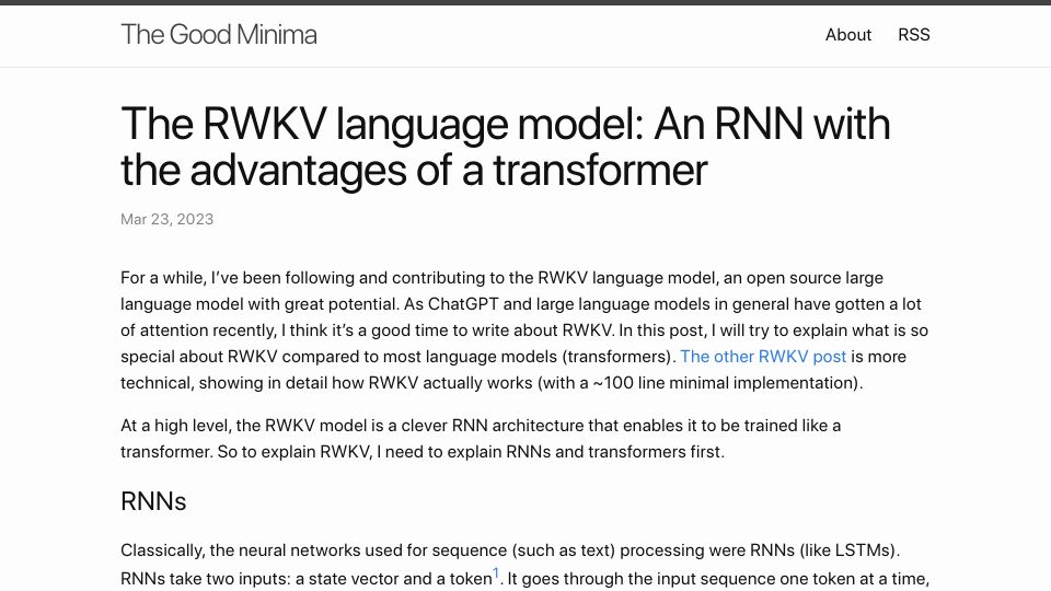Screenshot of johanwind.github.io: The RWKV language model: An RNN with the advantages of a transformer