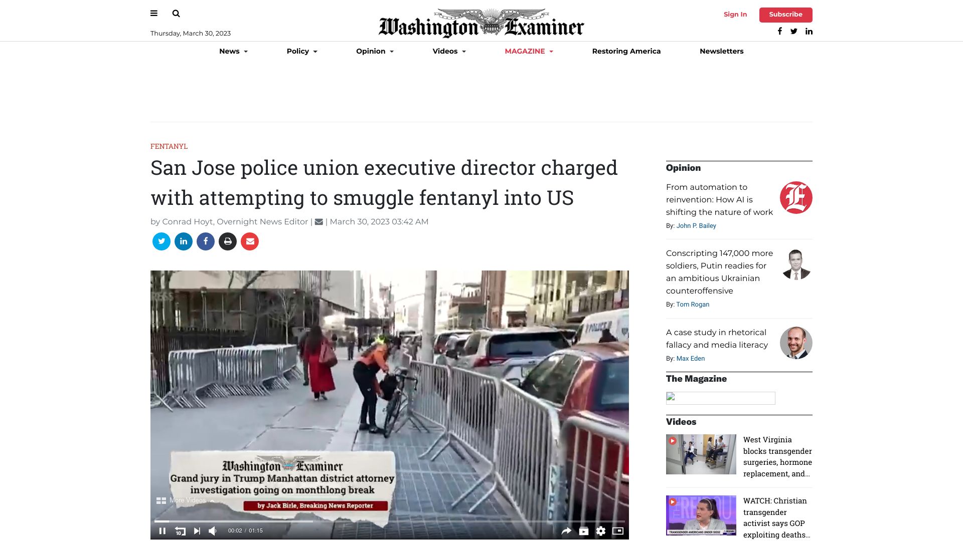 Screenshot of washingtonexaminer.com: San Jose police union executive director charged with smuggling fentanyl into US