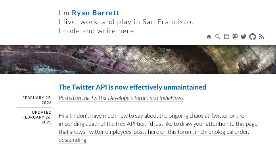 Screenshot of snarfed.org: The Twitter API is now effectively unmaintained