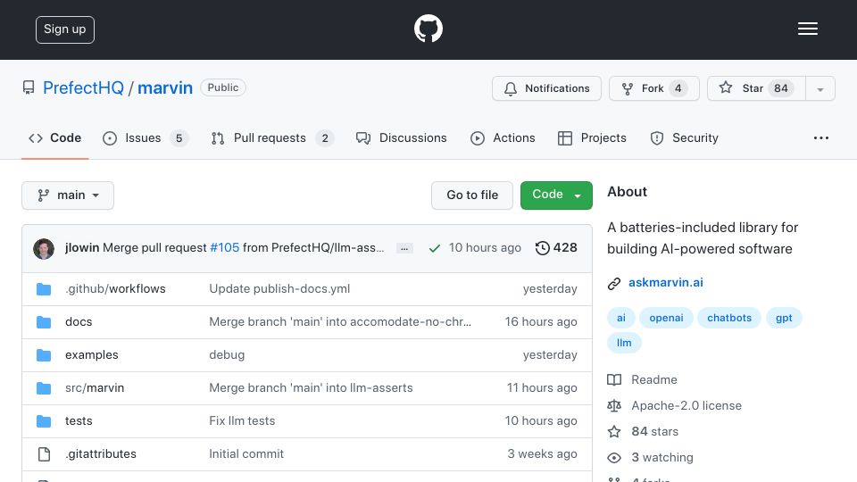 Screenshot of github.com: Show HN: Marvin – build AI functions that use an LLM as a runtime