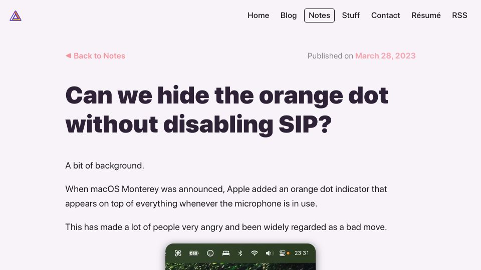 Screenshot of notes.alinpanaitiu.com: Can we hide the orange dot without disabling SIP?