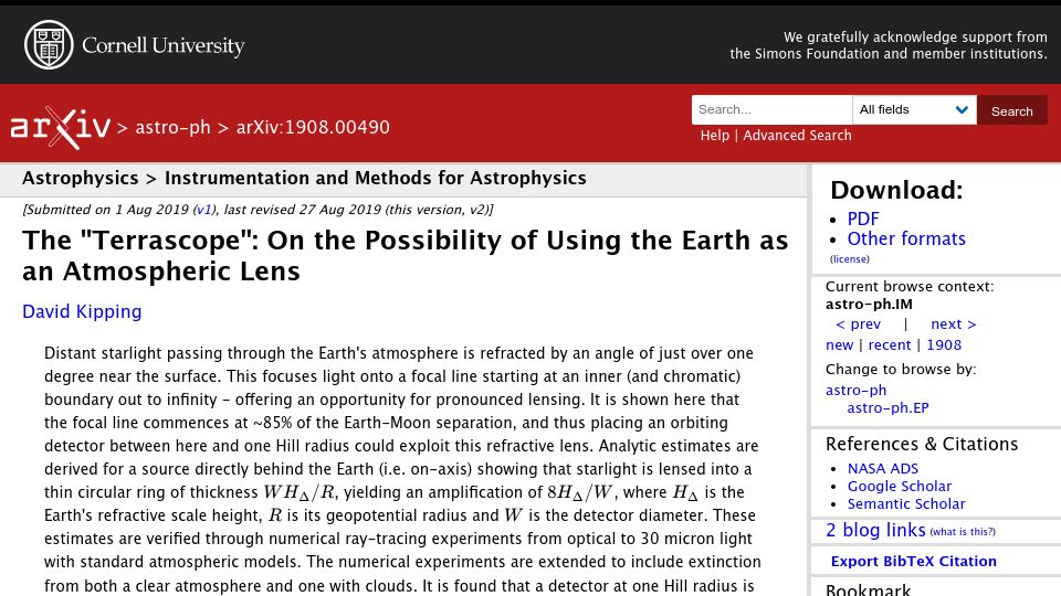 Screenshot of arxiv.org: “Terrascope”: The possibility of using the Earth as an atmospheric lens (2019)