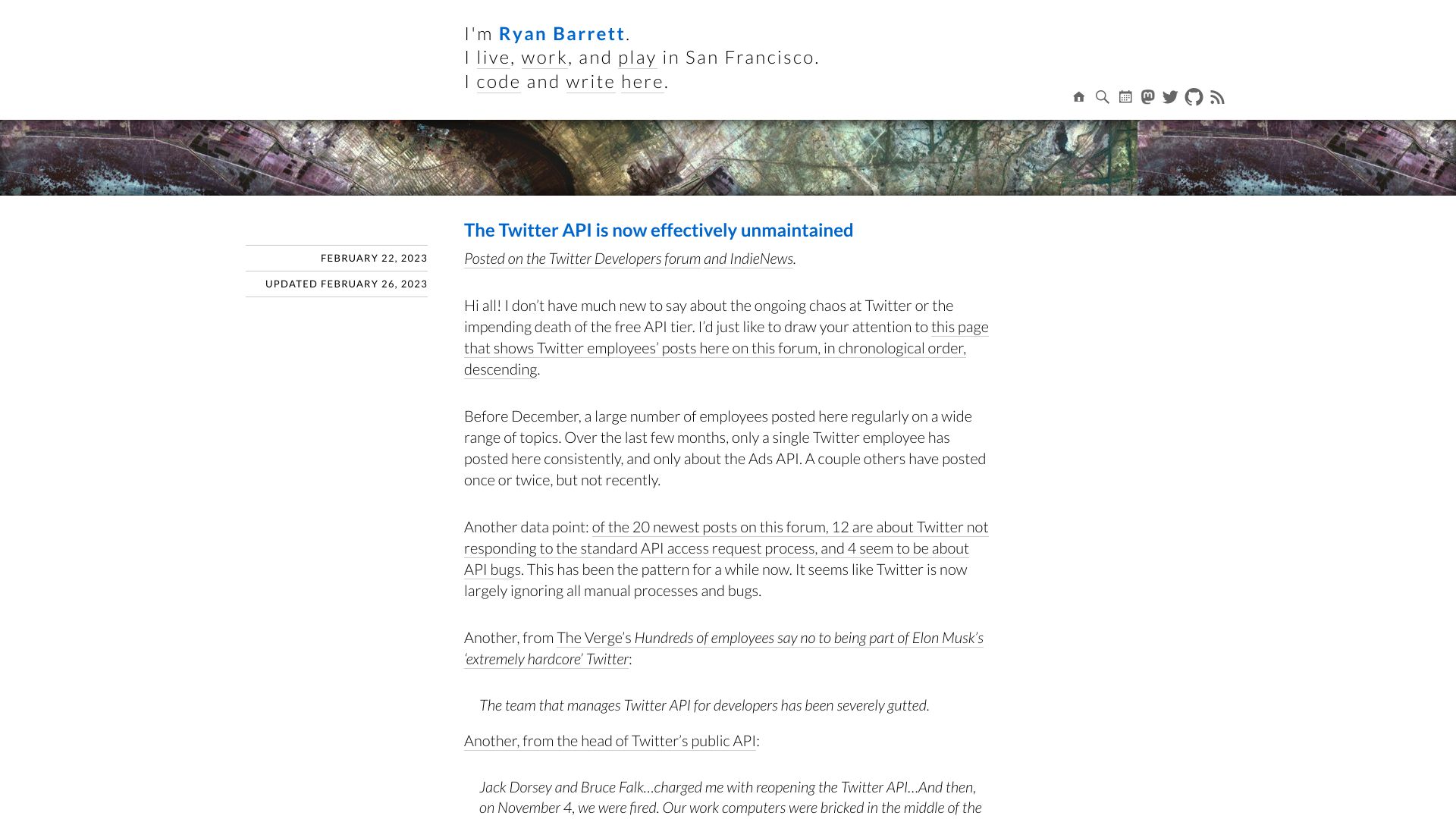 Screenshot of snarfed.org: The Twitter API is now effectively unmaintained