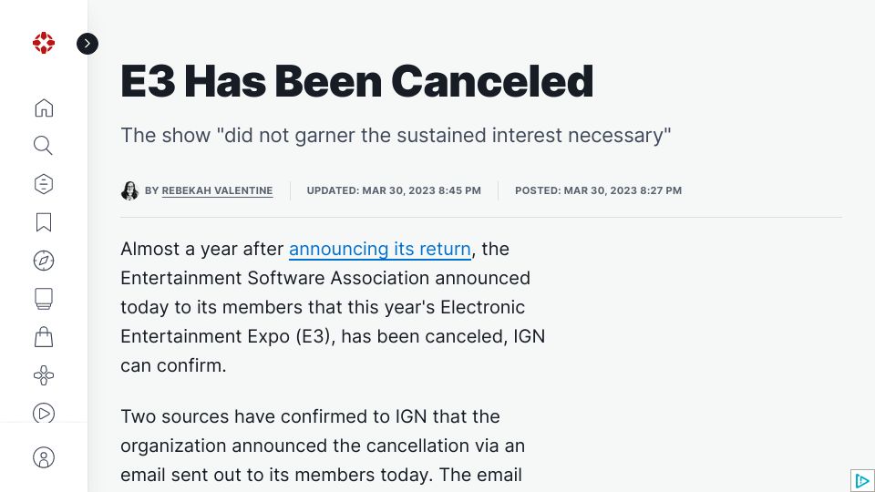 Screenshot of ign.com: E3 Has Been Canceled