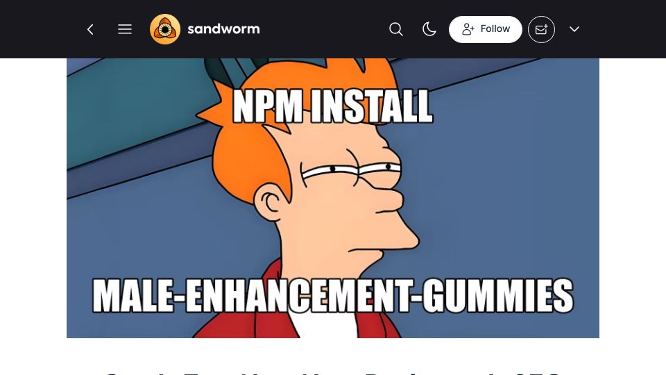 Screenshot of blog.sandworm.dev: 50% of new NPM packages are spam
