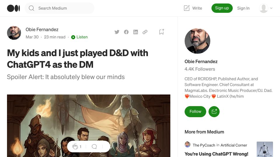 Screenshot of obie.medium.com: My kids and I just played D&D with ChatGPT4 as the DM