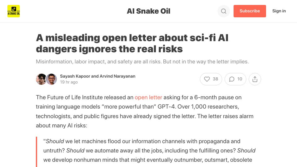 Screenshot of aisnakeoil.substack.com: A misleading open letter about sci-fi AI dangers ignores the real risks