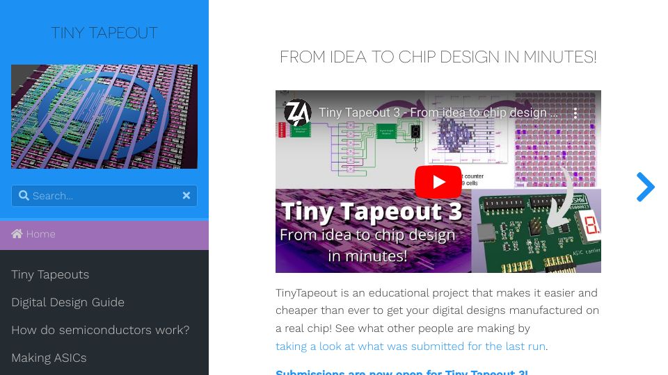 Screenshot of tinytapeout.com: Tiny Tapeout: From idea to chip design in minutes!