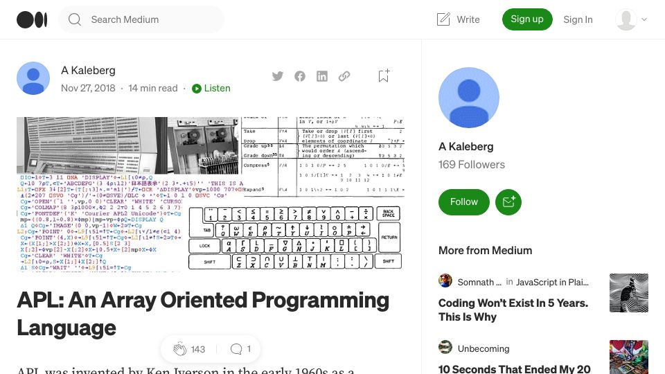 Screenshot of medium.com: APL: An Array Oriented Programming Language (2018)