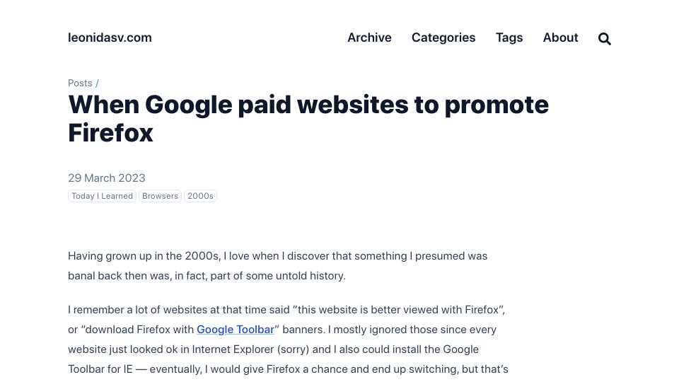Screenshot of leonidasv.com: When Google paid websites to promote Firefox