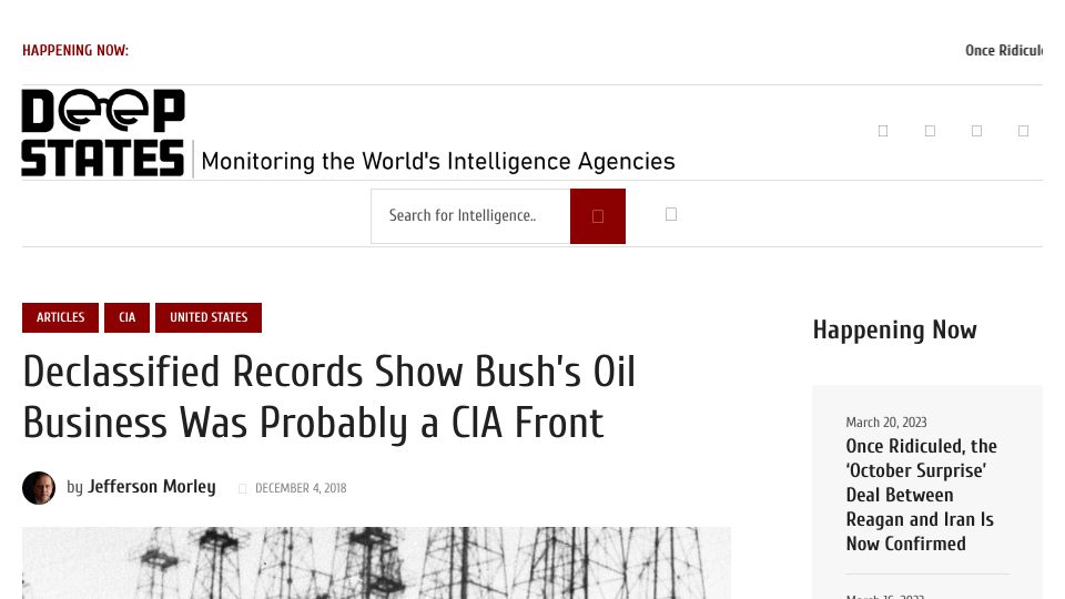 Screenshot of deepstateblog.org: Declassified Records Show Bush's Oil Business Was Probably a CIA Front (2018)