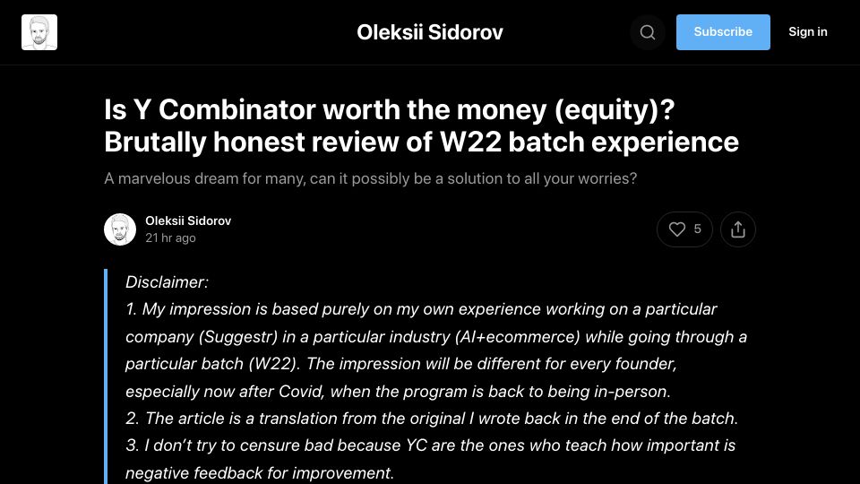 Screenshot of acecreamu.substack.com: Is Y Combinator worth the money? Brutally honest review of W22 batch experience