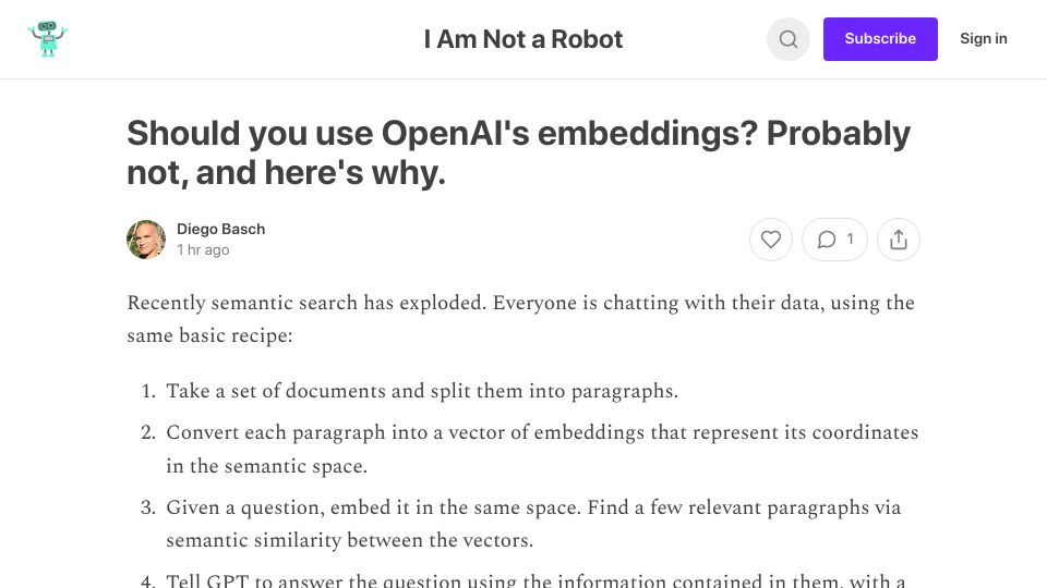 Screenshot of iamnotarobot.substack.com: You probably shouldn't use OpenAI's embeddings