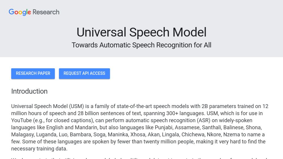 Screenshot of sites.research.google: Universal Speech Model