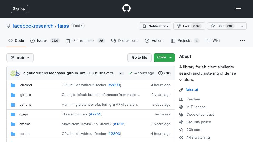 Screenshot of github.com: Faiss: A library for efficient similarity search