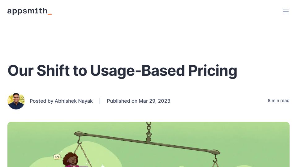 Screenshot of appsmith.com: Our Shift to Usage-Based Pricing