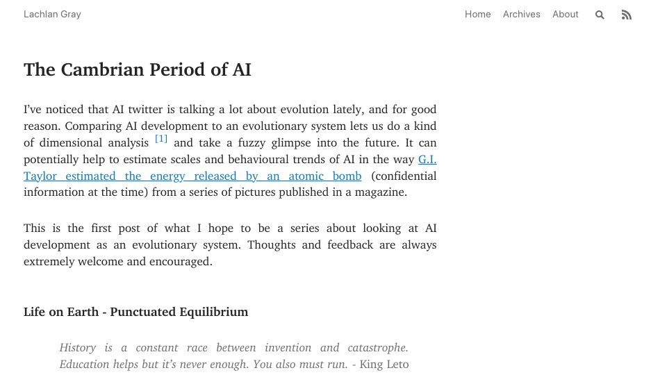 Screenshot of lachlangray.blot.im: The Cambrian Period of AI