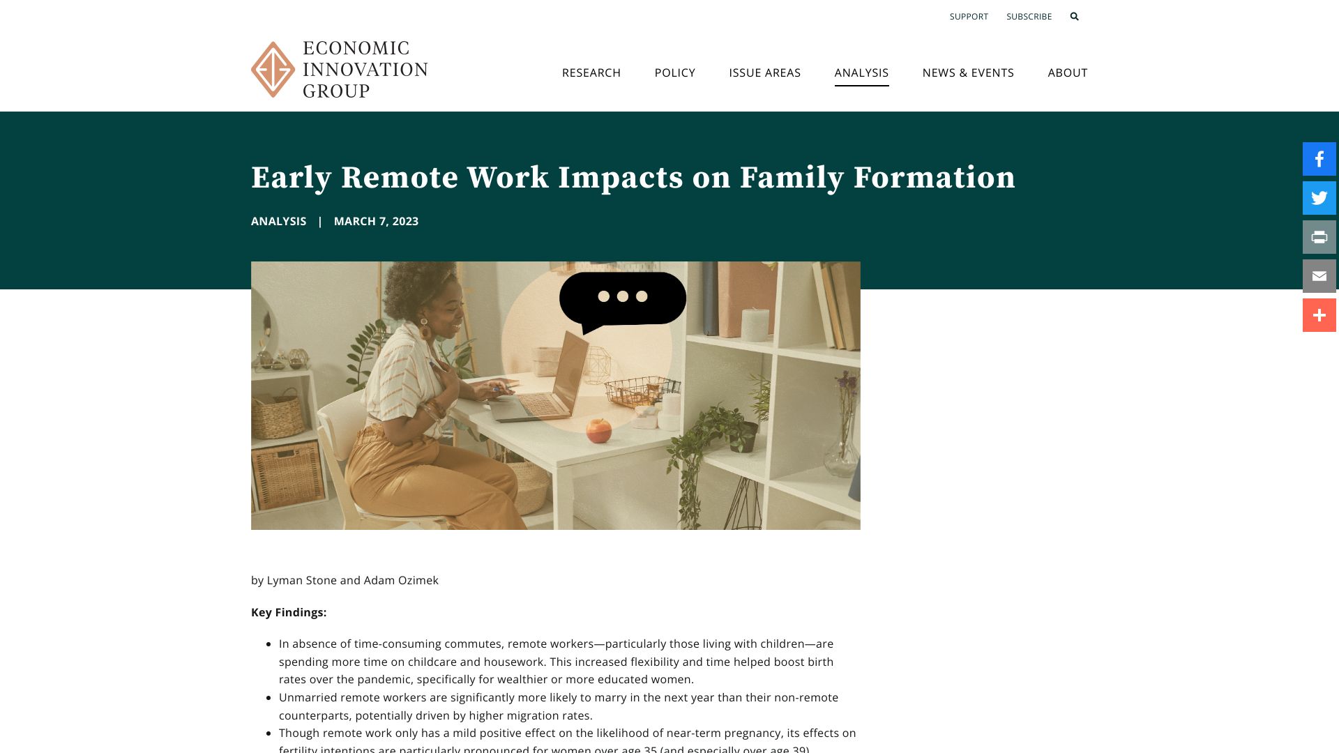 Screenshot of eig.org: Early Remote Work Impacts on Family Formation