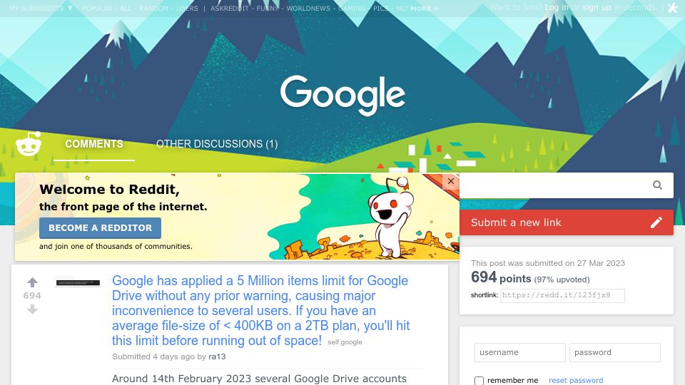 Screenshot of old.reddit.com: Please delete 2M files to continue using your Google Drive account