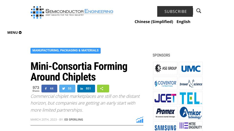 Screenshot of semiengineering.com: Mini-Consortia Forming Around Chiplets