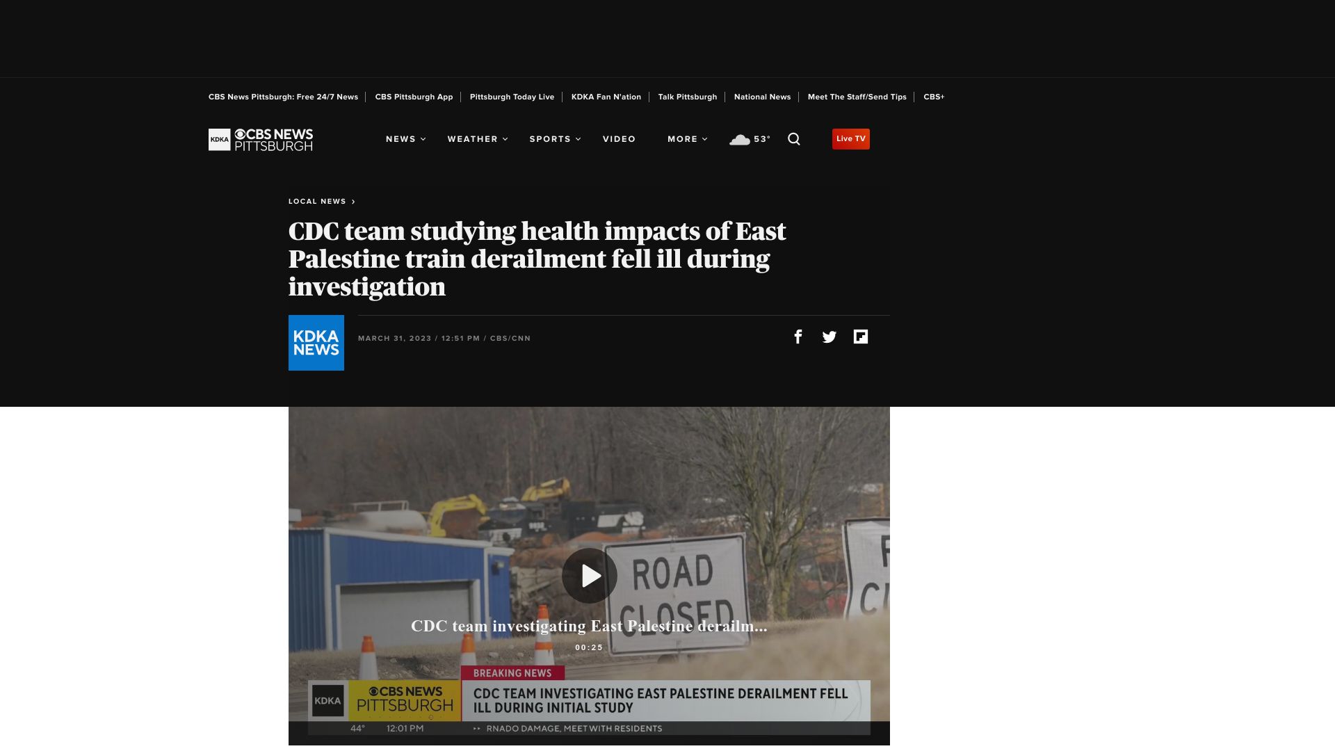 Screenshot of cbsnews.com: CDC team studying East Palestine train derailment fell ill during investigation