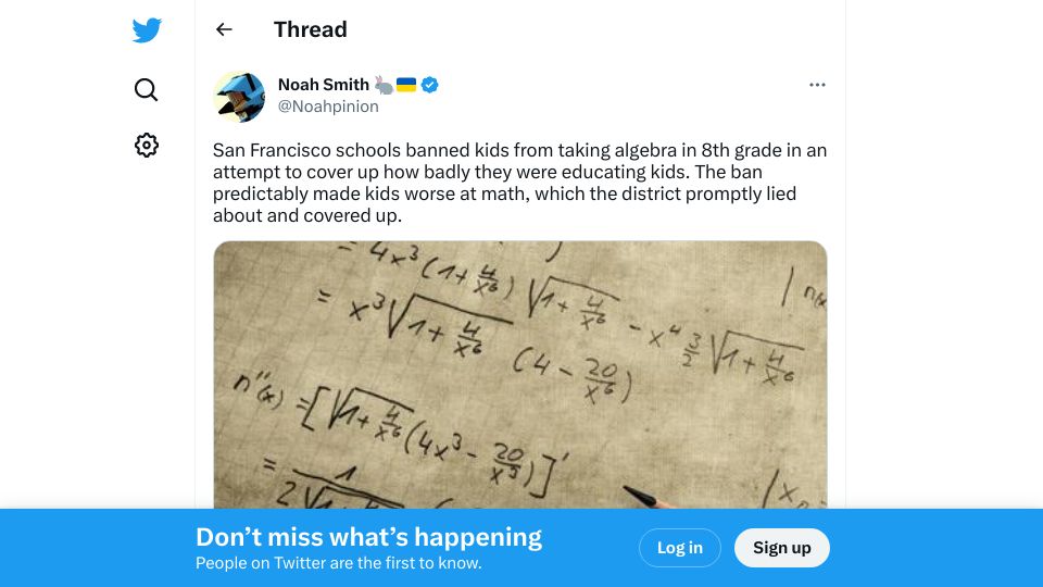 Screenshot of twitter.com: San Francisco schools banned kids from taking algebra in 8th grade