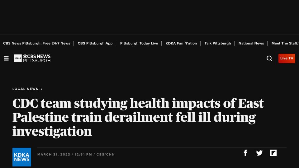Screenshot of cbsnews.com: CDC team studying East Palestine train derailment fell ill during investigation