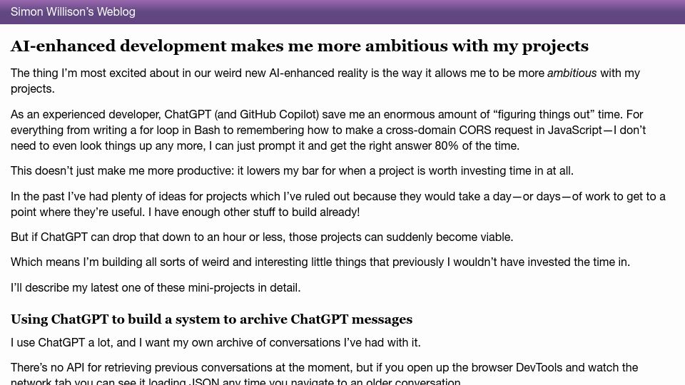 Screenshot of simonwillison.net: AI-enhanced development makes me more ambitious with my projects