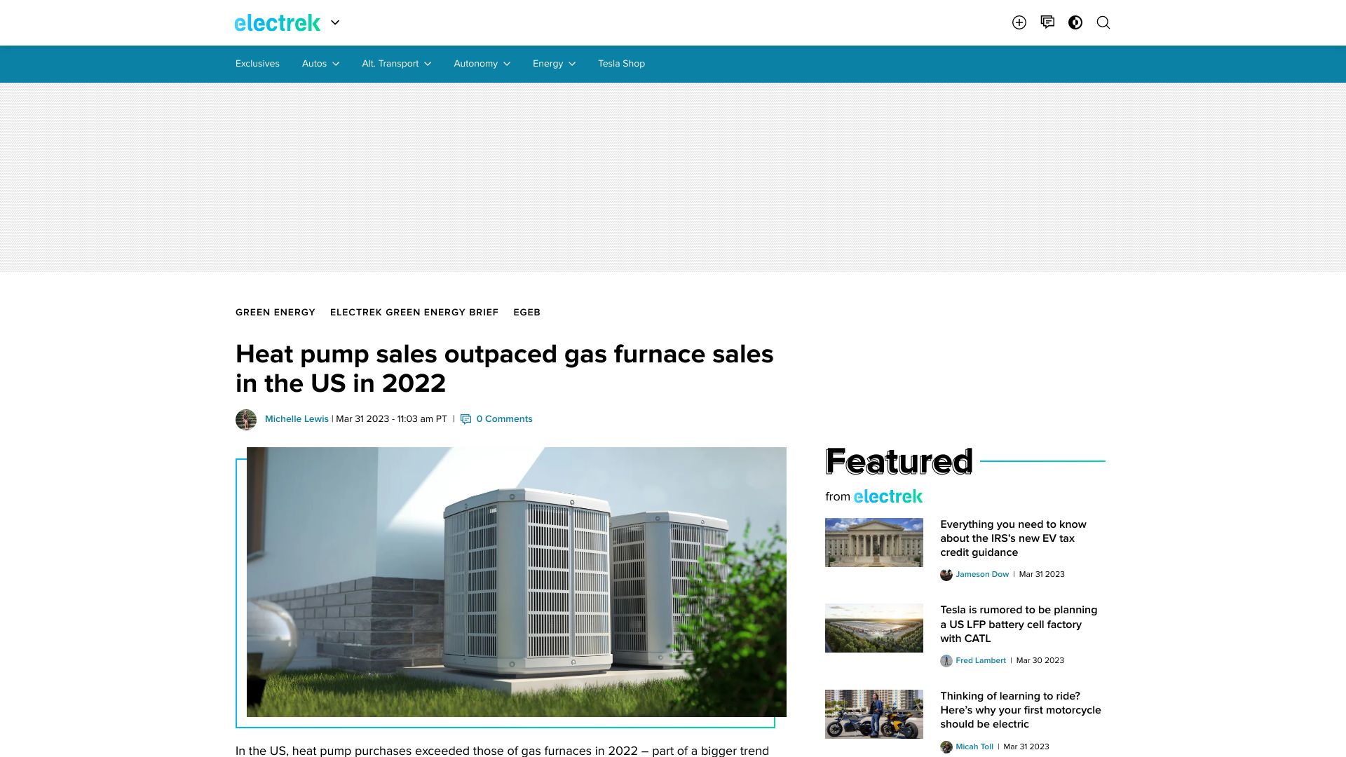 Screenshot of electrek.co: Heat pump sales outpaced gas furnace sales in the US in 2022