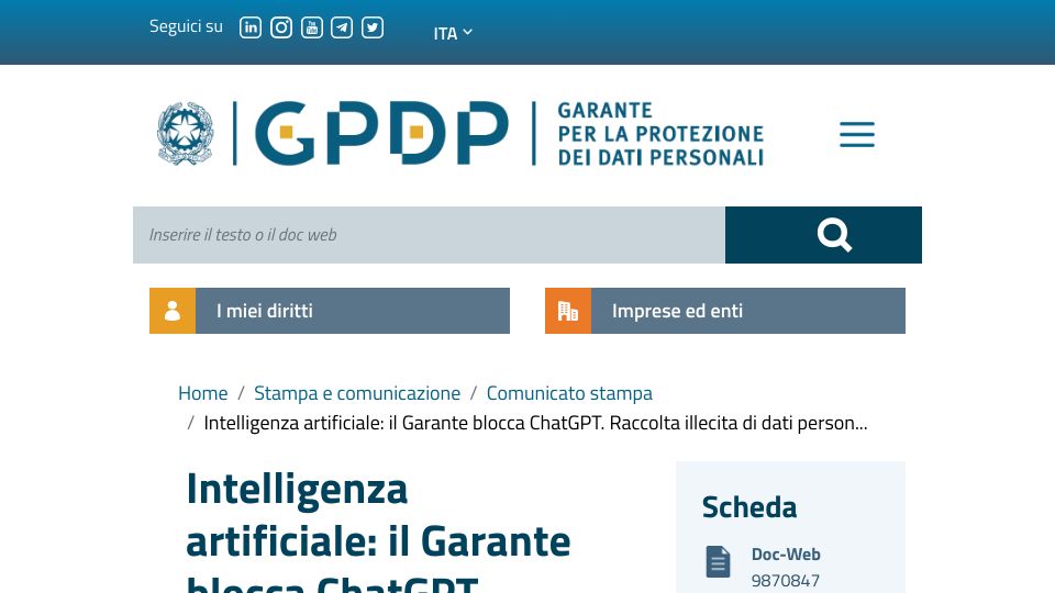 Screenshot of garanteprivacy.it: Italian data protection authority clamps down ChatGPT
