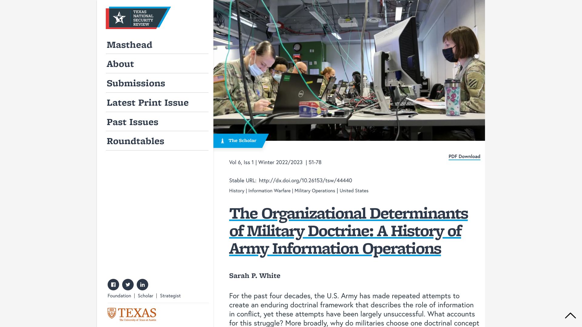 Screenshot of tnsr.org: A History of Army Information Operations