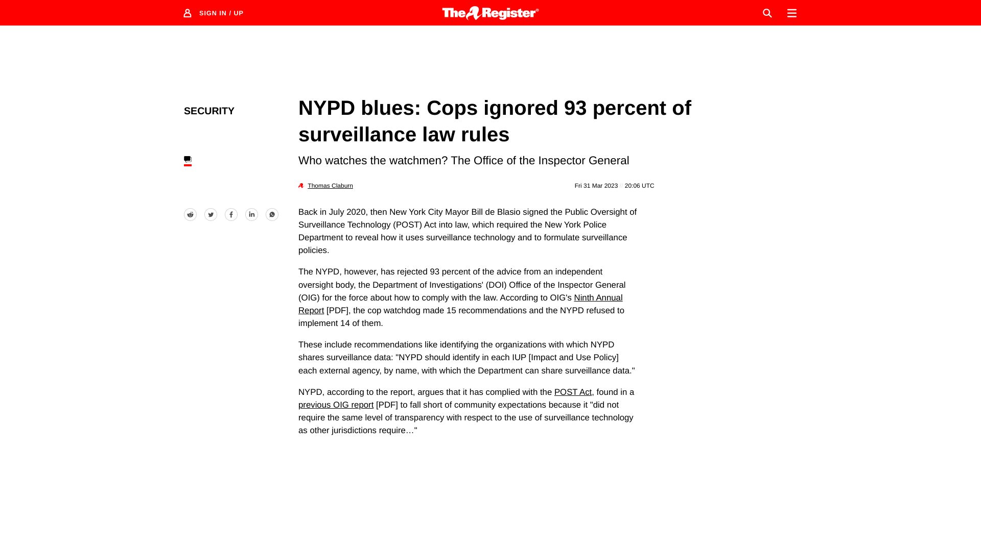Screenshot of theregister.com: NYPD blues: Cops ignored 93 percent of surveillance law rules