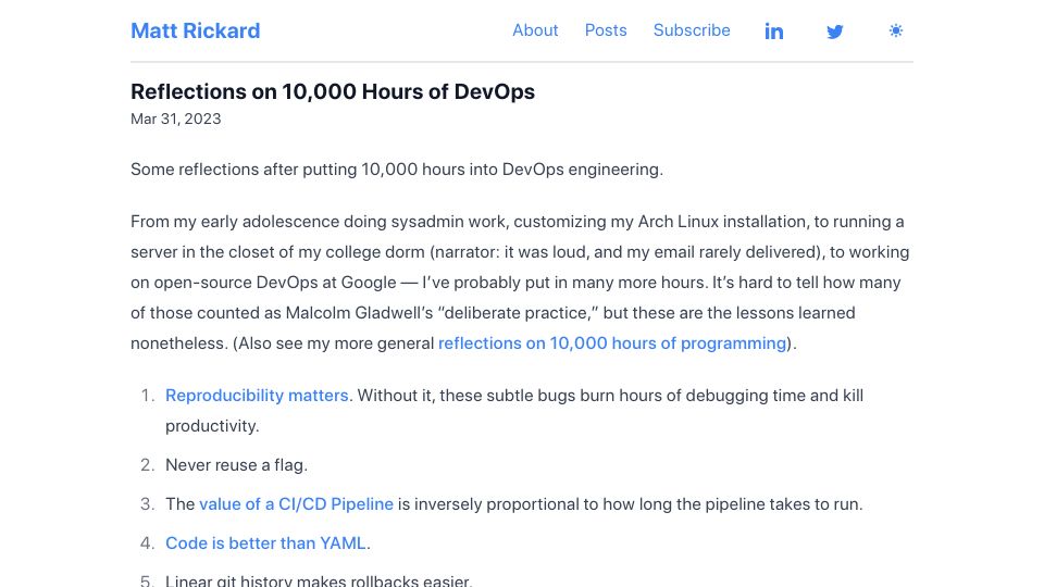 Screenshot of matt-rickard.com: Reflections on 10k Hours of DevOps