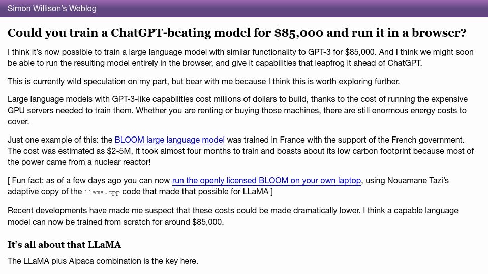 Screenshot of simonwillison.net: Could you train a ChatGPT-beating model for $85k and run it in a browser?