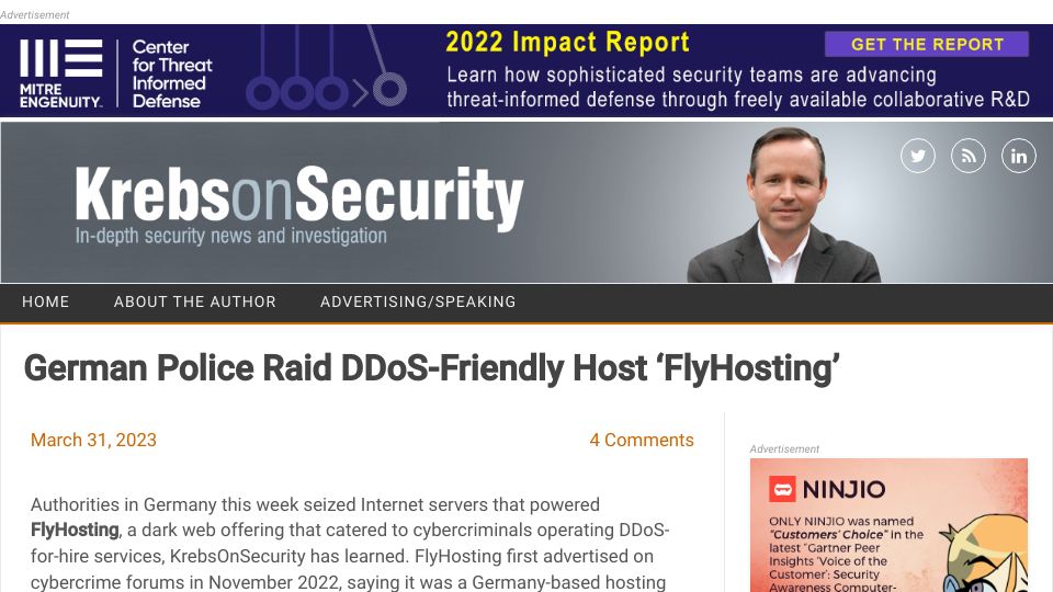 Screenshot of krebsonsecurity.com: German police raid DDoS-friendly host FlyHosting