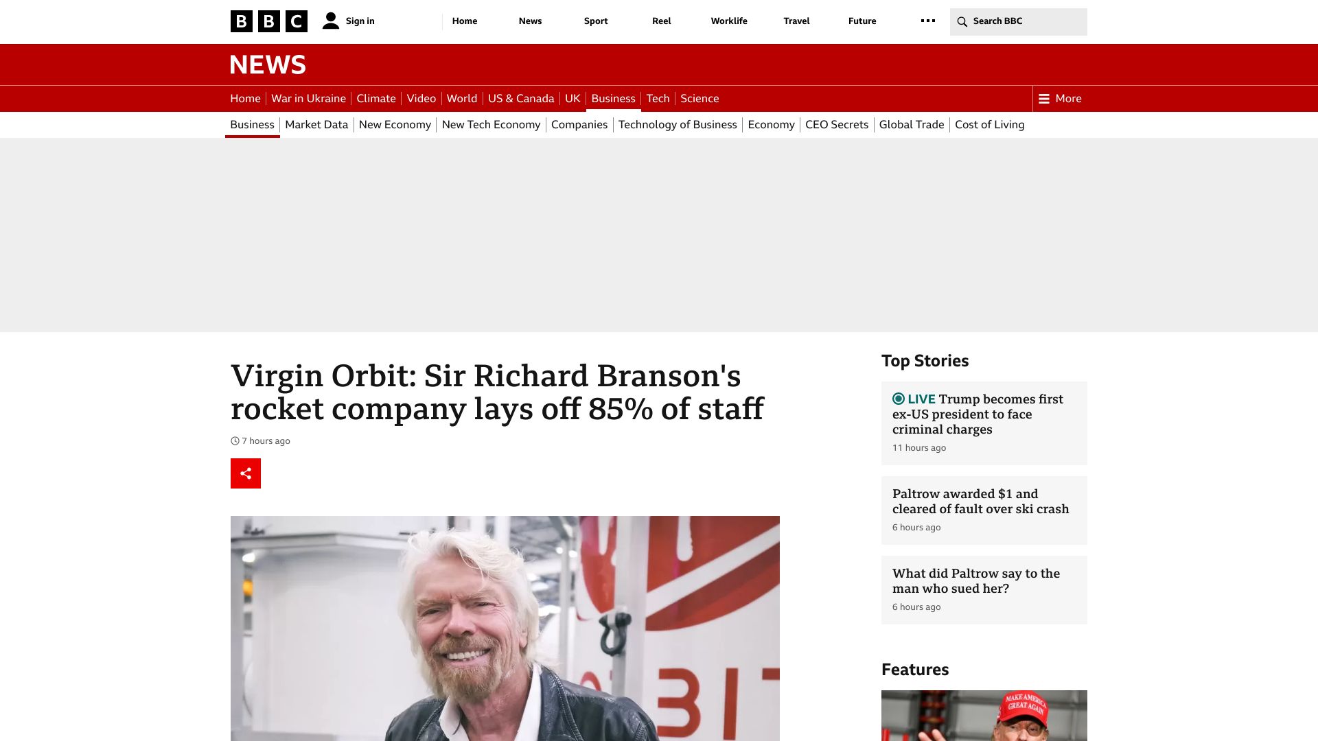 Screenshot of bbc.co.uk: Virgin Orbit: Sir Richard Branson's rocket company lays off 85% of staff