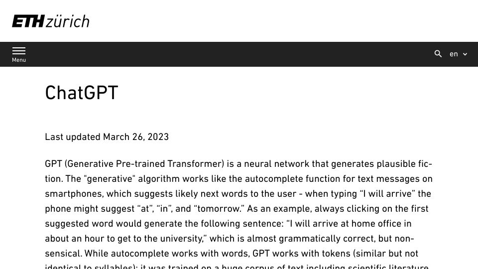 Screenshot of ethz.ch: ETH Zürich's position on AI in education and ChatGPT