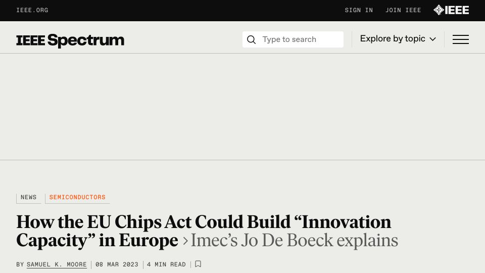 Screenshot of spectrum.ieee.org: How the EU CHIPS Act Could Build “Innovation Capacity” in Europe