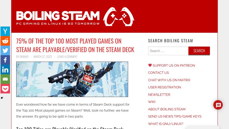 Screenshot of boilingsteam.com: 75% of the Most Played Games on Steam Are Playable on the Steam Deck