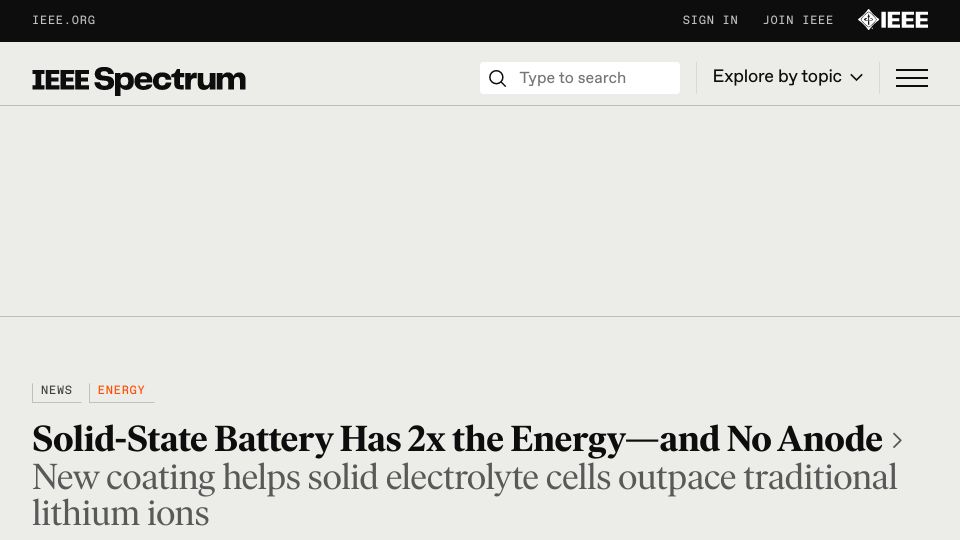 Screenshot of spectrum.ieee.org: Solid-State Battery Has 2x the Energy–and No Anode