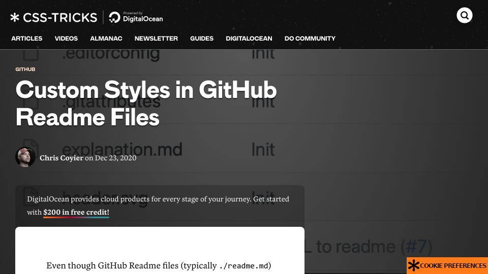 Screenshot of css-tricks.com: Custom Styles in GitHub Readme Files (2020)